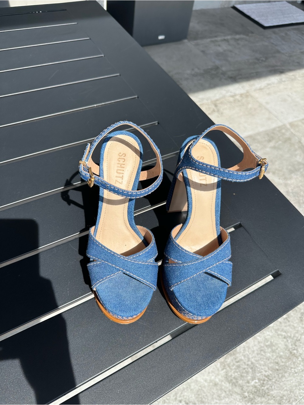 SCHUTZ Blue Denim Platform Sandals with Ankle Buckle - Picture 2 of 7